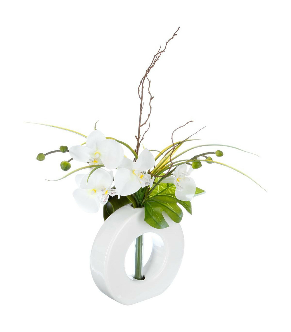 Composition florale artificielle d'orchidées avec vase céramique h 44 cm