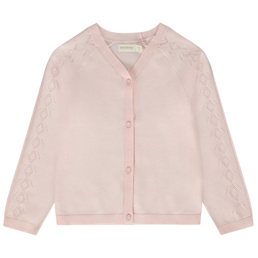 Gilet manches raglan en tricot pointelle pour fille - Rose