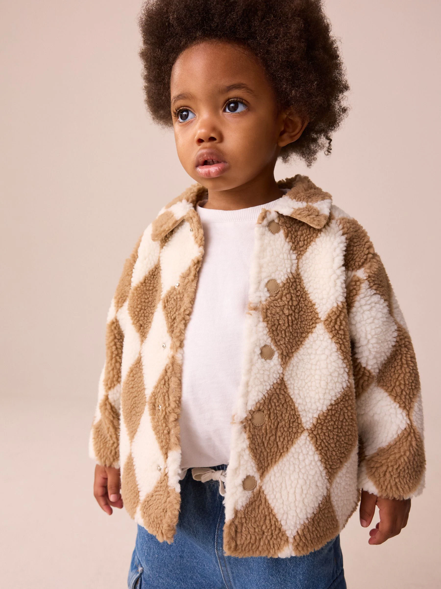 Naturel/bruin Harlequin - Fleece shacket van borg (3 mnd - 7 jr)