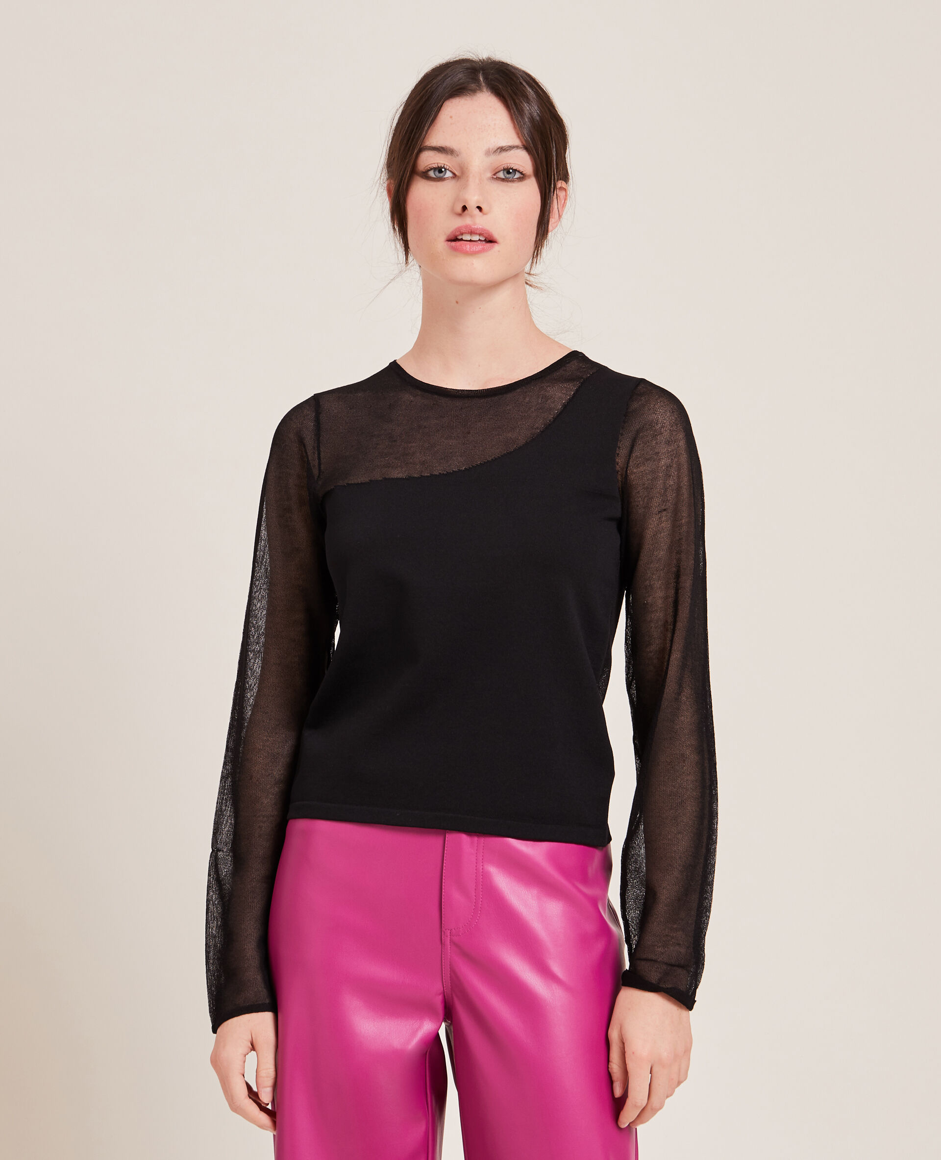 Top bi-matière effet one shoulder - Noir