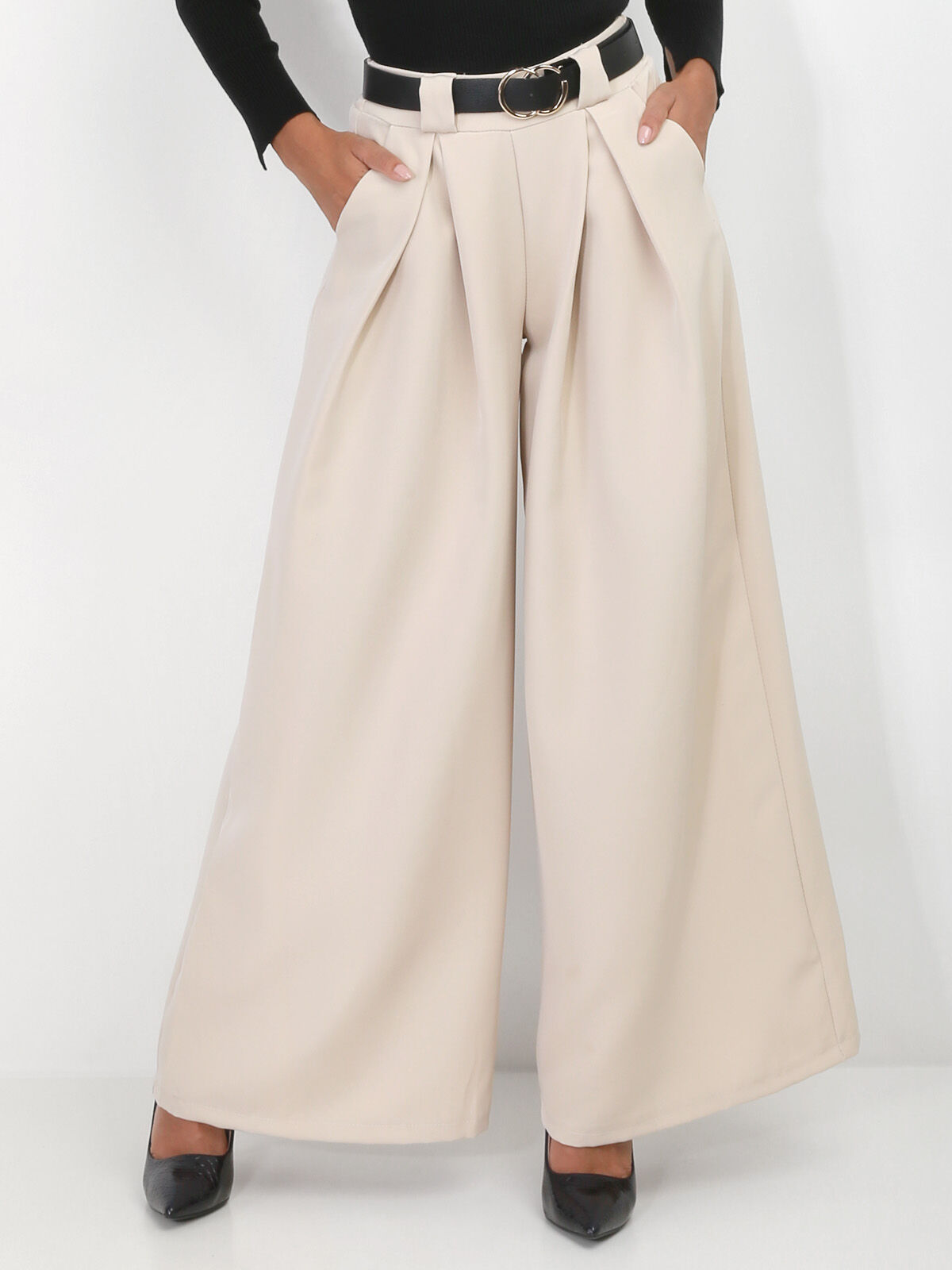 Pantalon à pinces large avec ceinture- Beige