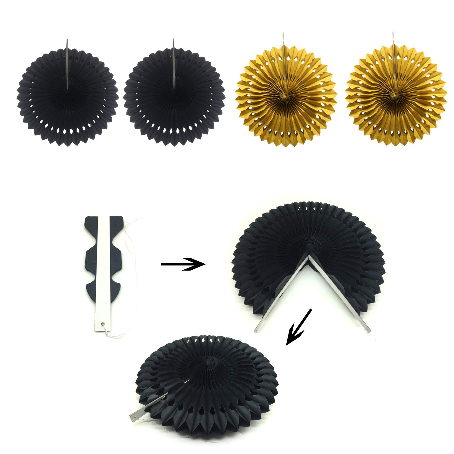 (20-tlg. Set) Papier Wimpelkette Fahnen Girlande Party Dekoration Pompon's / Rosetten - Schwarz / Gold