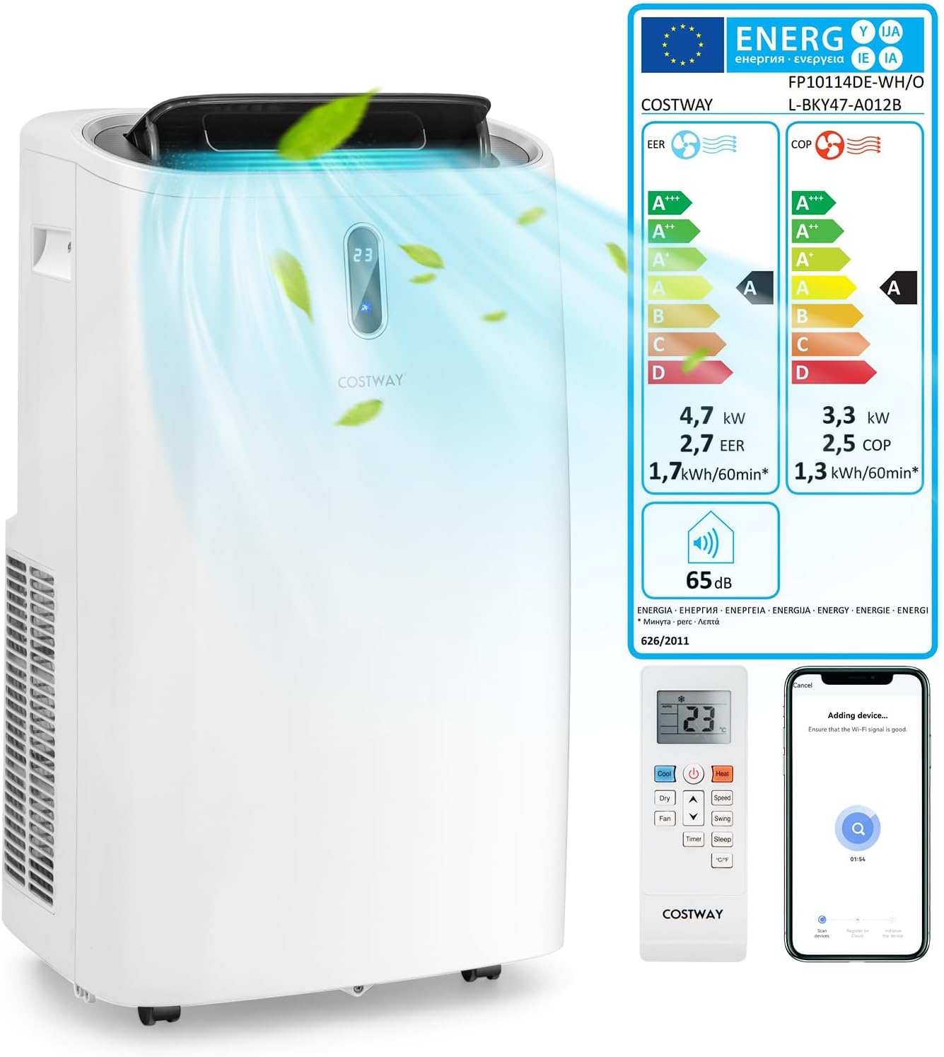 COSTWAY Klimaanlage mobil 16000BTU, Klimagerät mit Abluftschlauch, 5 in 1 Kühlen & Heizen & Entfeuchten & Belüften & Schlafmodus für Räume bis zu 150 m³, Fernbedienung/App, 24H Timer, 4700W, ≤57dB