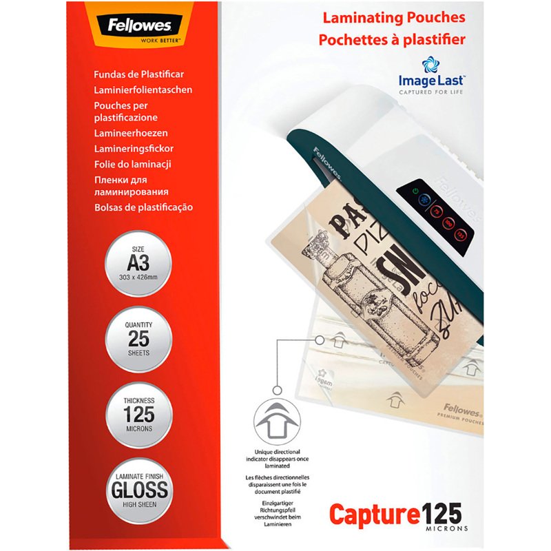 Pochettes de plastification Fellowes A3 125 µ brillantes - Boite de 25