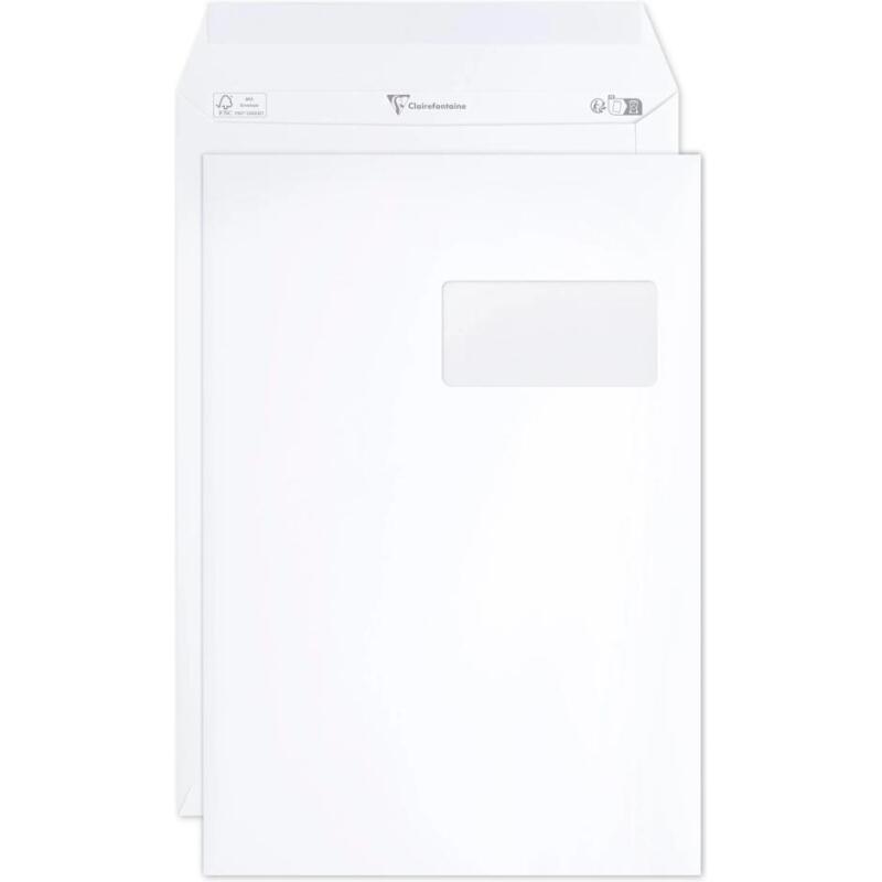 Boite de 250 Pochettes Blanches C4-229x324 mm - Auto-Adhésives -120g/m2- Fenêtre Papier Cristal 50x100 (position 50/20) - Blanc