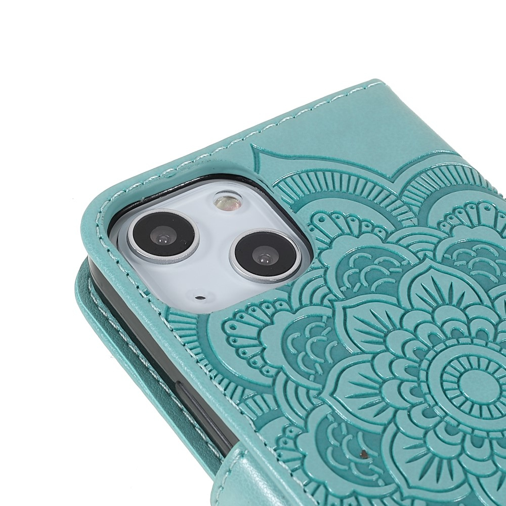 iPhone 13 Leder Tasche Wallet - Mandala Flowers Imprint - Türkis