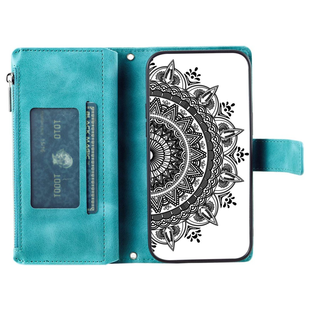 Samsung Galaxy S23 5G Leder Tasche Flip Cover mit Reissverschluss - Mandala Flowers Imprint - Türkis