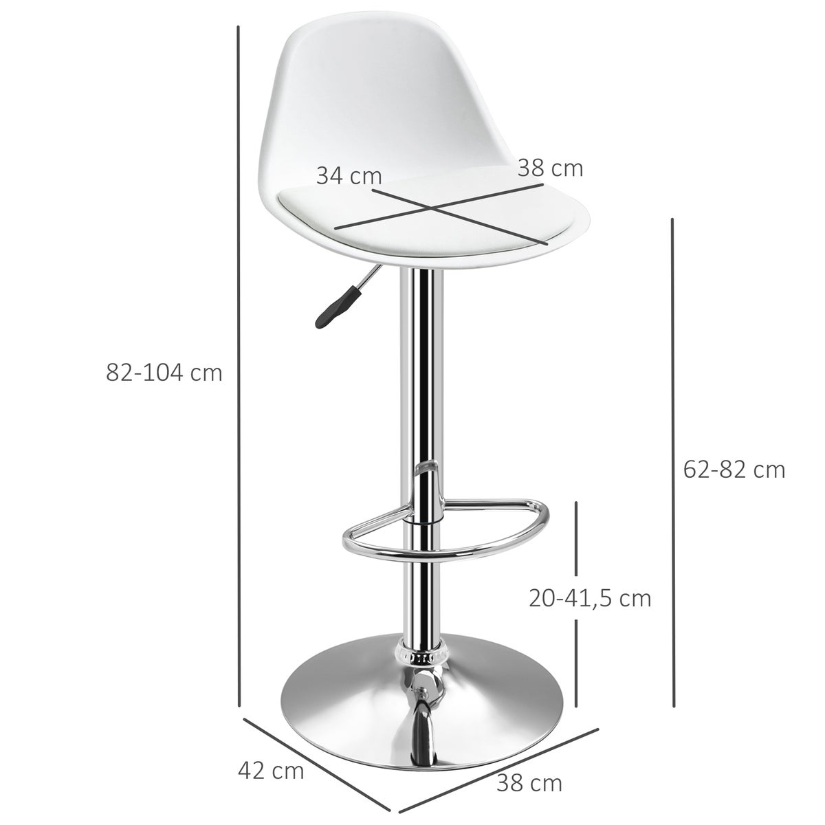 HOMCOM Set van 2 barkrukken, draaistoelen met rugleuning, modern design, in hoogte verstelbaar, voor bar/keuken, wit, kunstleer, staal, tot 120 kg, 40 x 42 x 82-104 cm