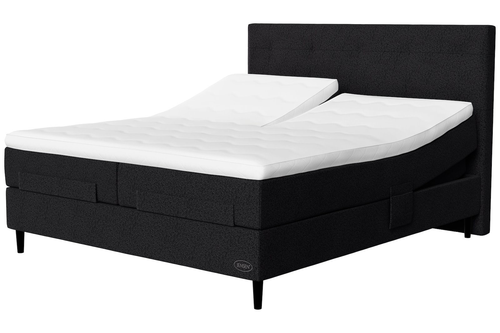 Opal Aqtive II regulerbar 180x210 cm Tekstil 179 antrasitt, fast/ekstra fast,seamless, sleep II split topper overmadrass, Conic 14 cm sorte ben + støtteben