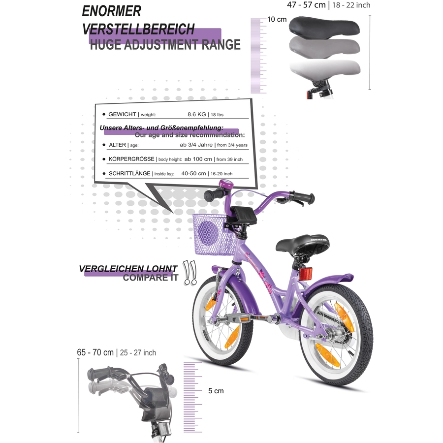 PROMETHEUS BICYCLES® Kinderfahrrad 14 , Violett-Weiß mit Stützrädern