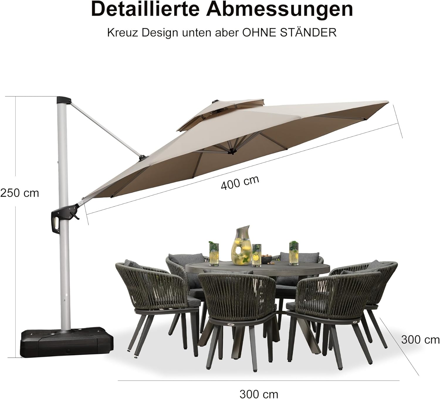 PURPLE LEAF Sonnenschirm Balkon Ampelschirm 400 cm Durchmesser, Marktschirm Groß 360°Rotation, Gartenschirm mit Kurbel, Balkonschirm XXL, Sonnenschutz UV50+, Beige