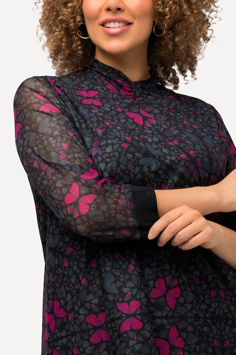 Mesh-Shirt, A-Linie, doppellagig, Stehkragen, 3/4-Arm