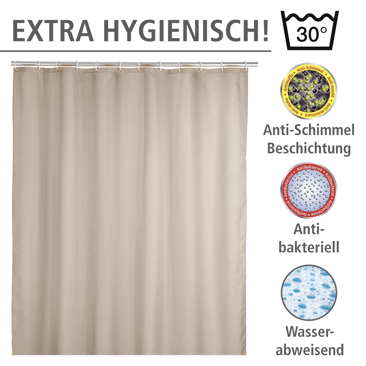 Wenko anti-schimmel douchegordijn 180x200cm polyester uni beige inclusief ringen