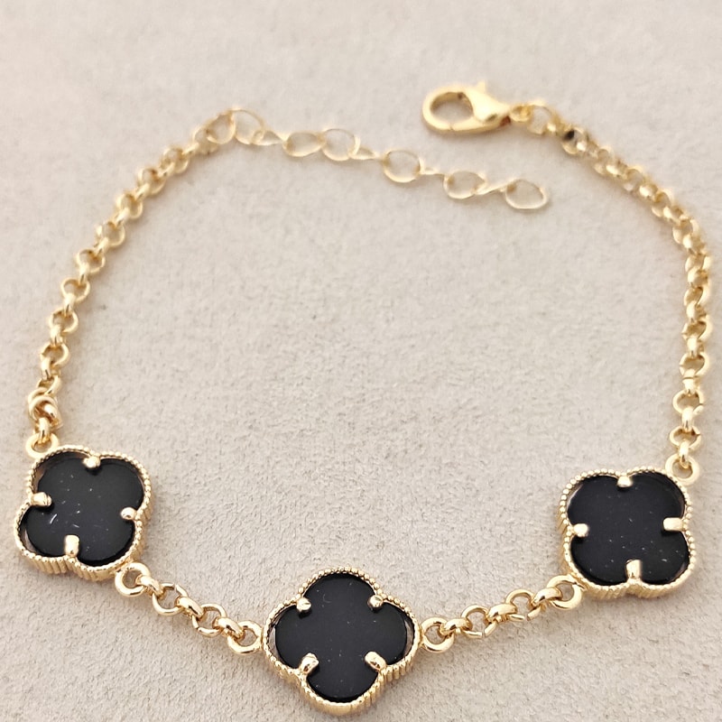 Bracelet trèfle - Laiton plaqué or & pierres de nacre - Noir