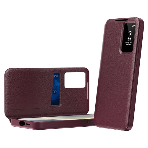 Samsung Galaxy S25 Ultra Leder Hülle Small Window View Flip Case Litchi Look- Dunkelrot