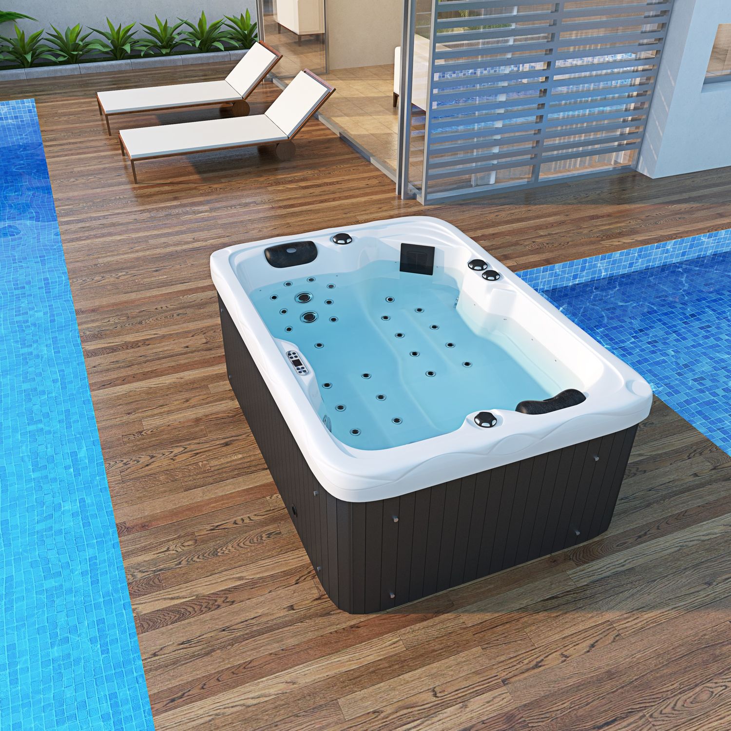 TroniTechnik® Outdoor Whirlpool LEVANZO, 2,2kW Pumpe, 3kW Heizung - 190 x 135 x 77cm - Inkl. Heizung, 41 Massagedüsen, inkl. Treppe