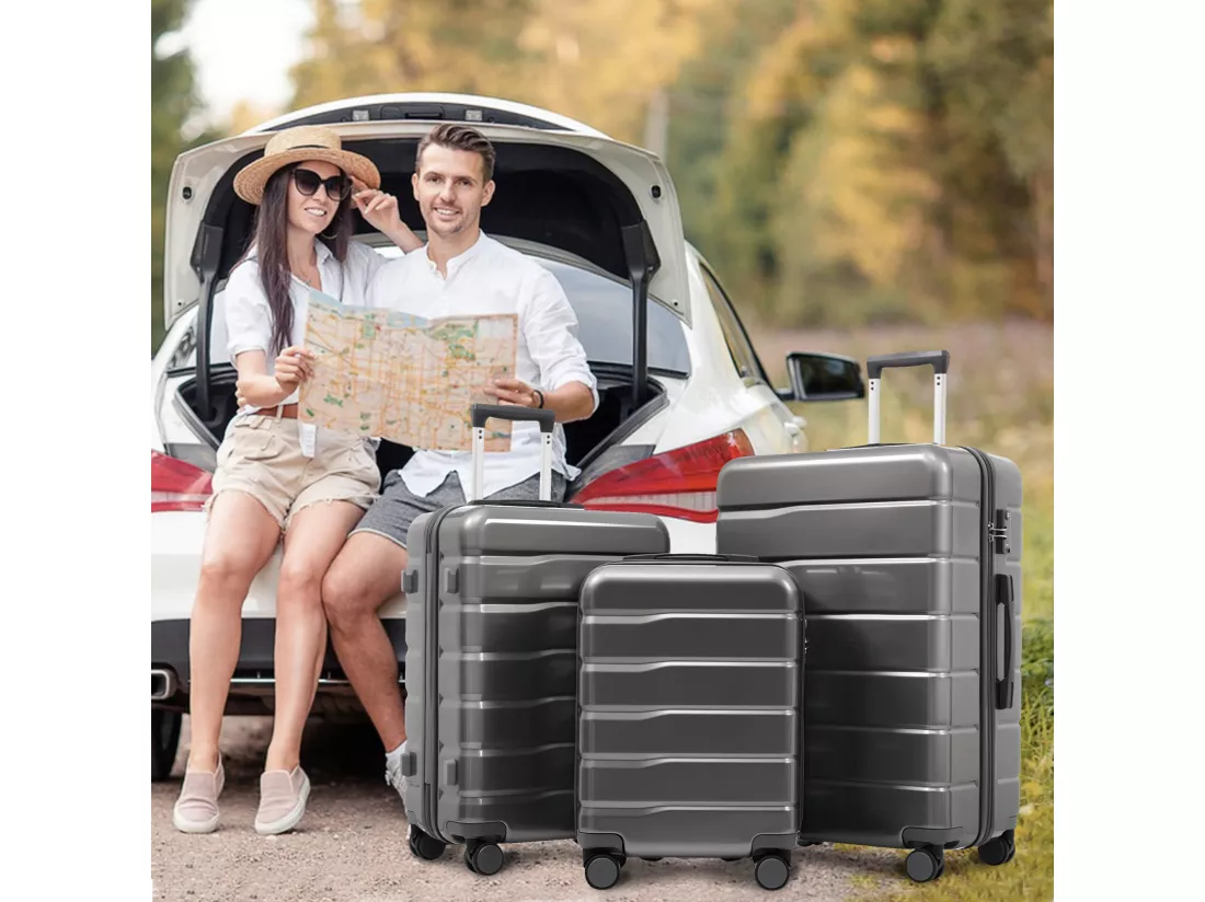 Bagage à main de 3 pièces20&24&28 pouces - en matériau ABS+PC - doubles roues pivotantes à 360° et Serrure TSA - gris