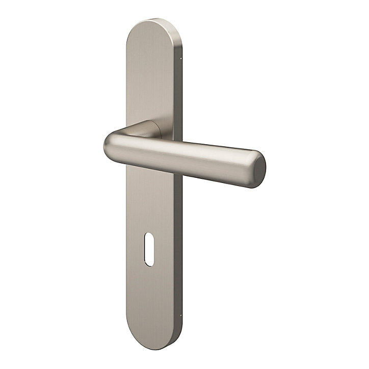 Ensemble poignée sur plaque rond serrure GoodHome Dizel effet nickel satin gris L.121.5mm x l.42mm entraxe 165-195mm