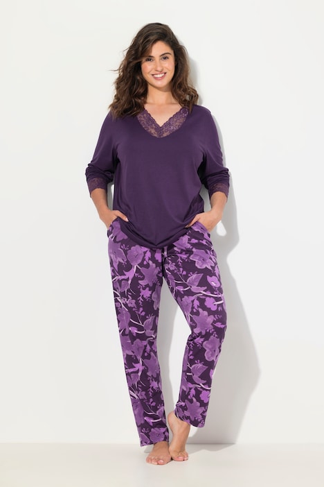 Pyjama, Spitze, V-Ausschnitt, Langarm, Modalmix