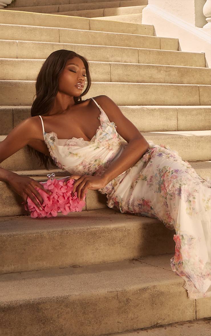 Multicolore Robe Longue À Col Bénitier Texturée Imprimé Fleuri