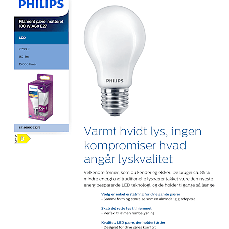 Philips LED pære 100W - varmt hvidt lys