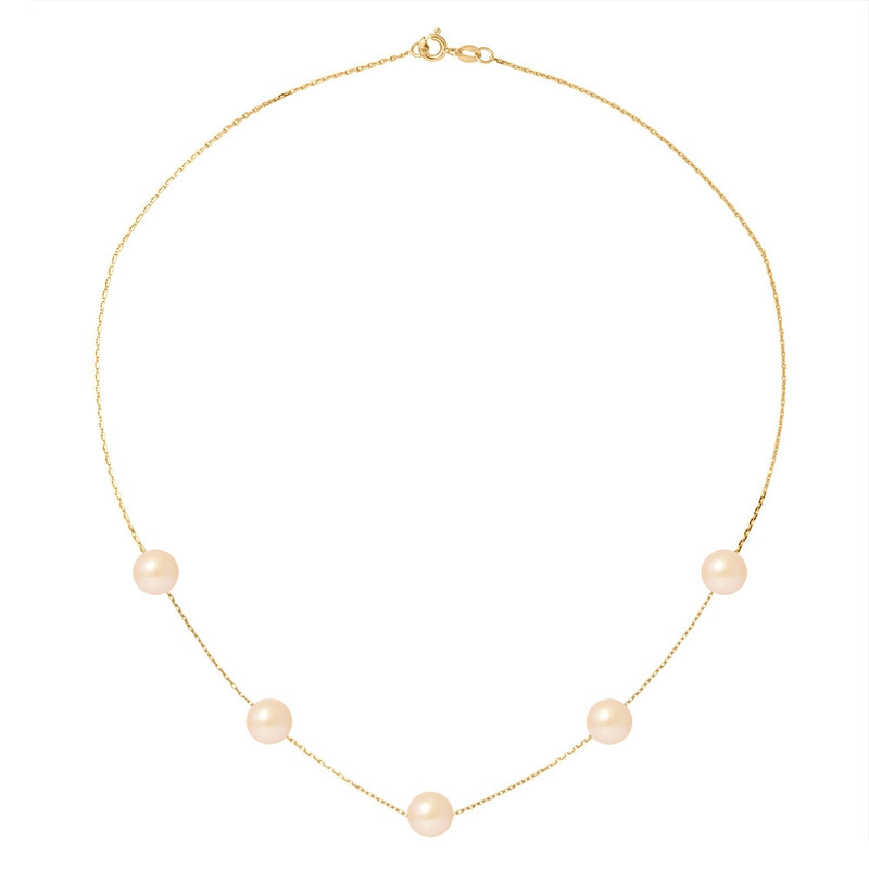 Collier ras du cou Femme 5 Perles de culture d'eau douce Roses 7 mm AA et Or jaune 750/1000