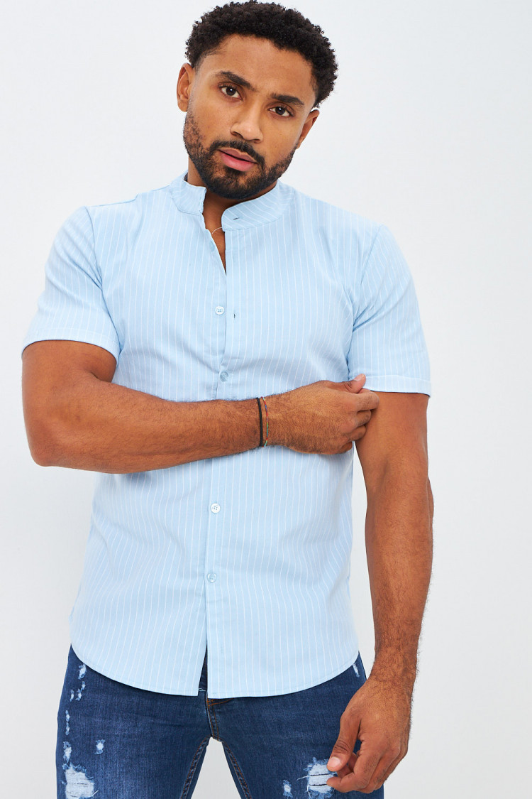 Chemise rayée bleu clair col officier