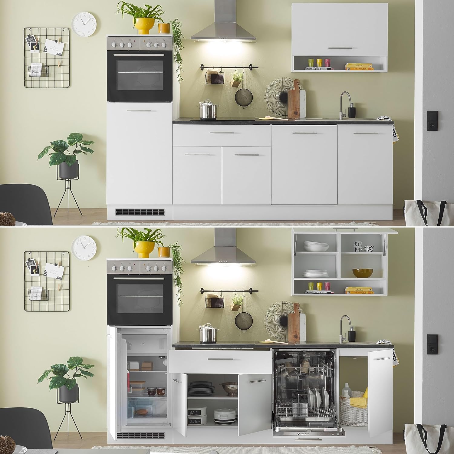 EDDY Moderne Küchenzeile ohne Elektrogeräte in Weiß matt, Metallic Grau - Geräumige Einbauküche mit viel Stauraum - 260 x 220 x 60 cm (B/H/T)
