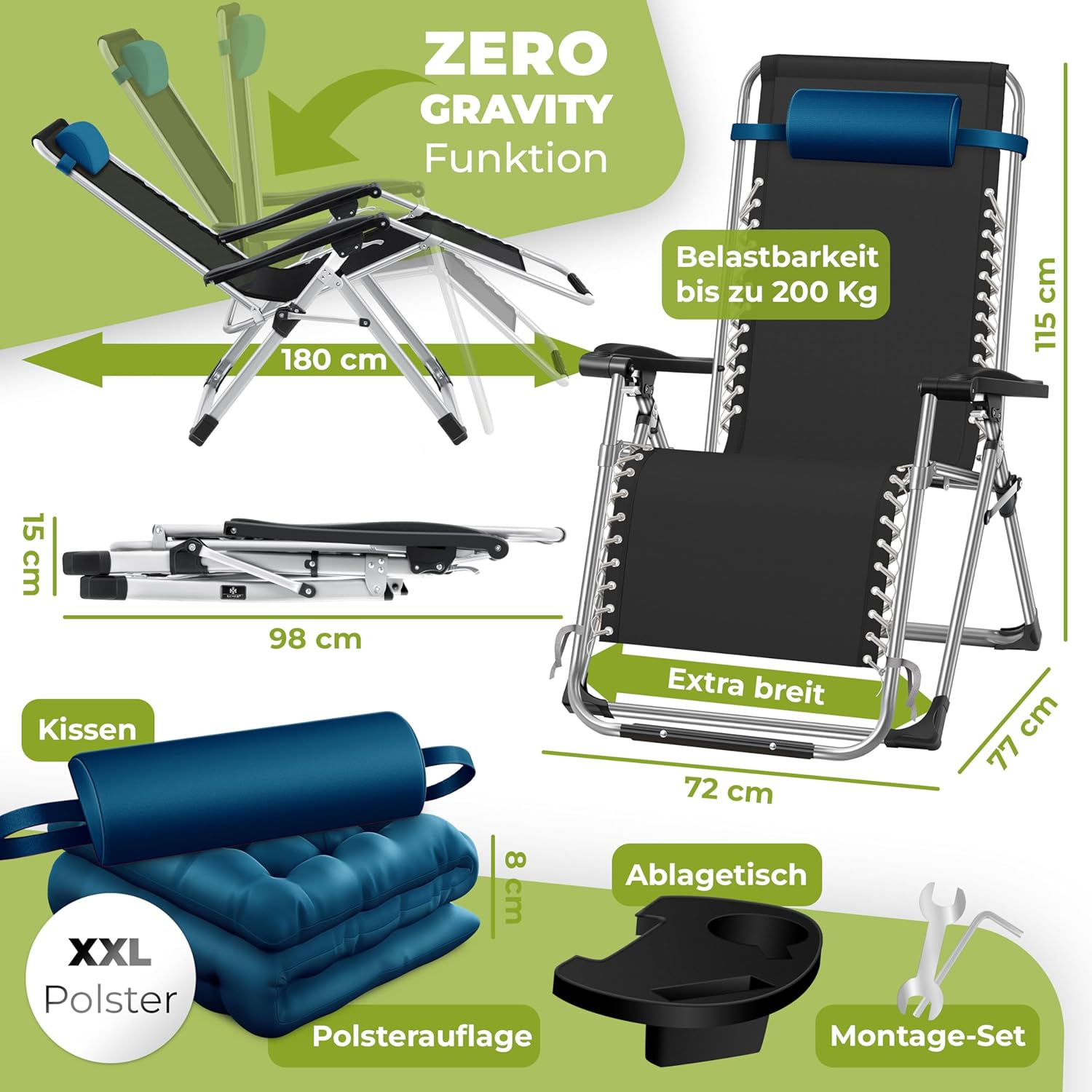 KESSER® Sonnenliege Liegestuhl Klappbar & Wetterfest, Gartenstuhl Belastbar 200kg Ergonomisches Polster Extra Breit Verstellbare Rückenlehne Gartenliege inkl. Nackenkissen & Getränkehalter, Navyblau
