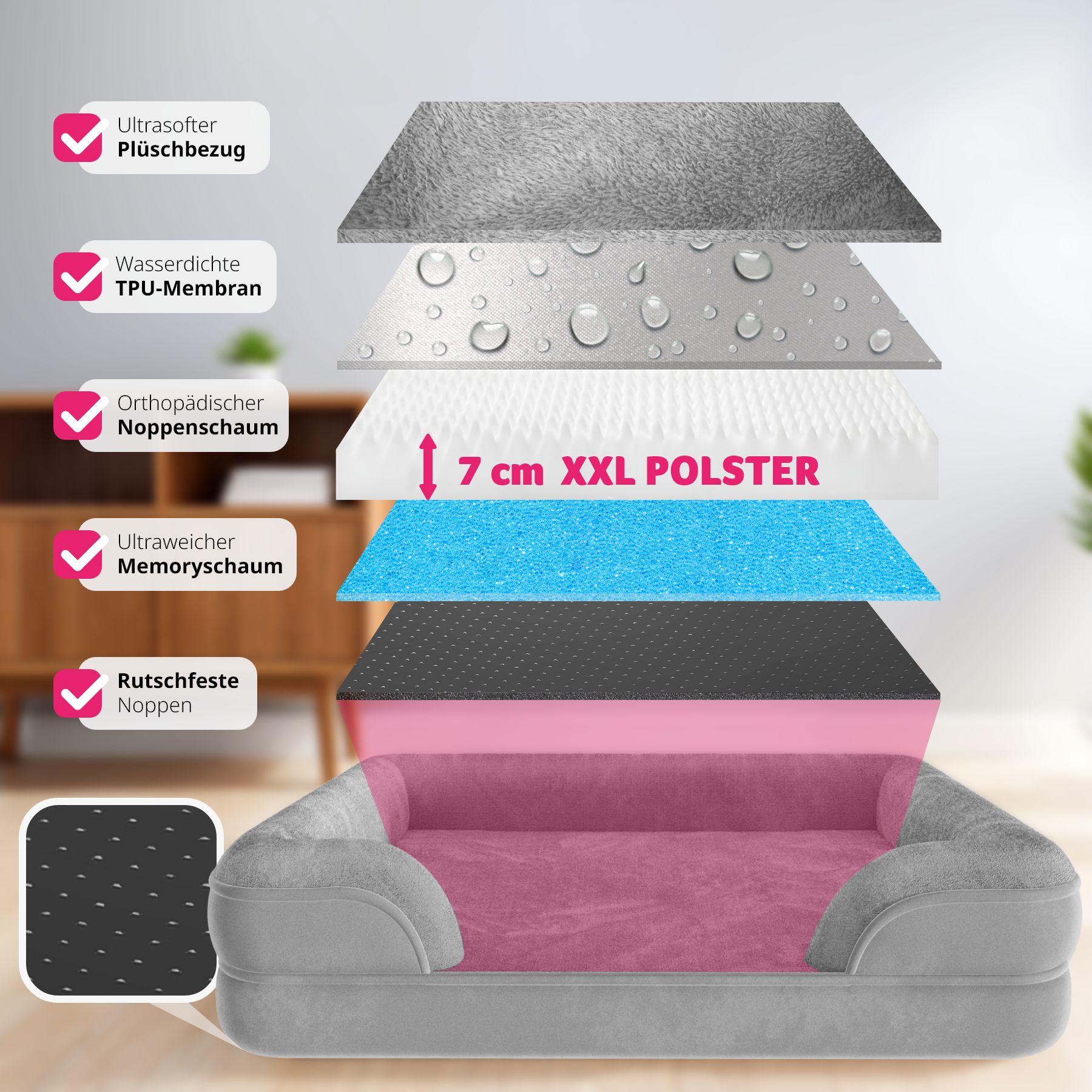 tectake® Orthopädisches Hundebett, mit abnehmbarem, wasserdichtem Plüschbezug, rutschfeste Unterseite, waschbar