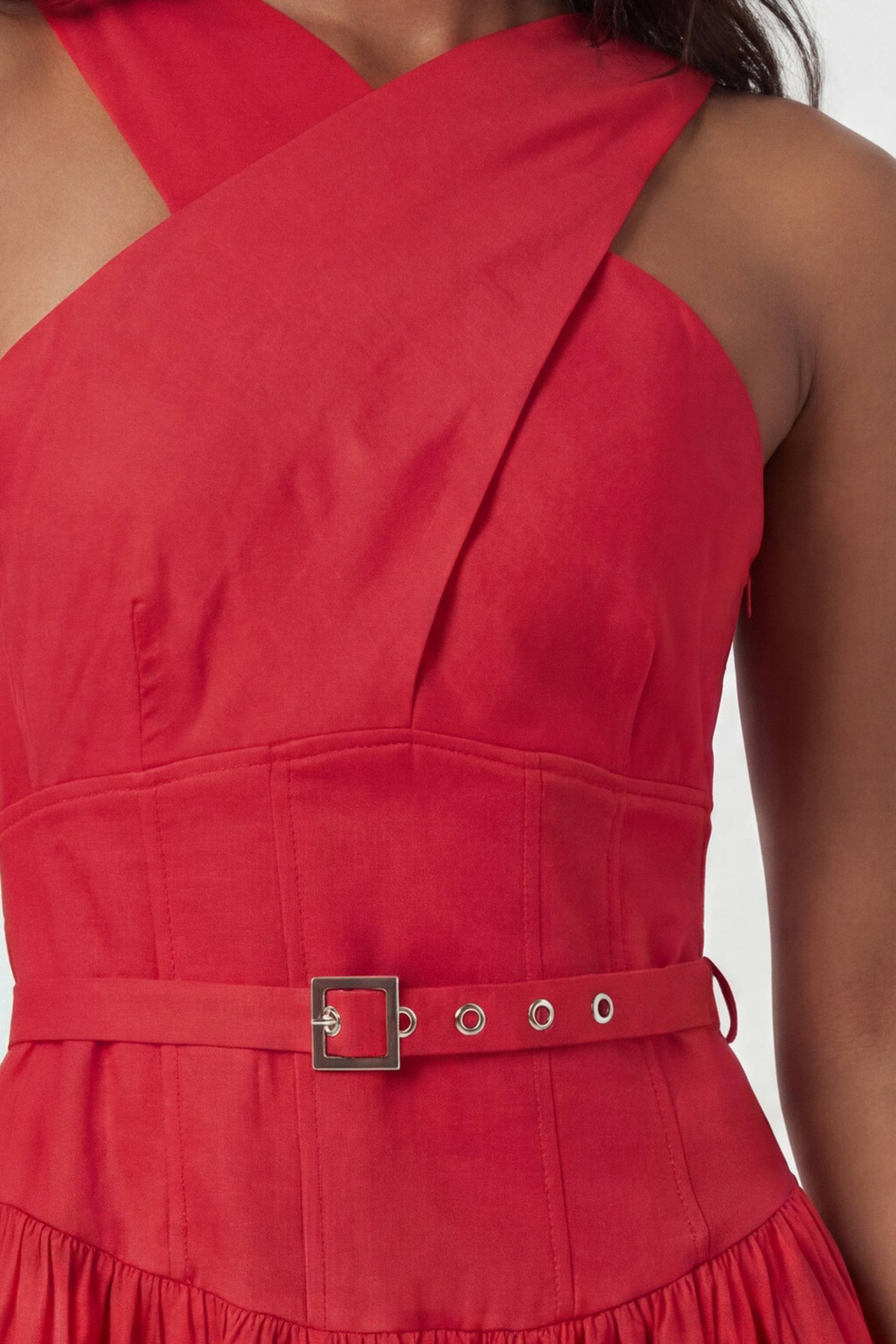 KarenMillen Robe Mi-Longue Évasée En Lin Premium Avec Col Licou Et Ceinture Ajustée