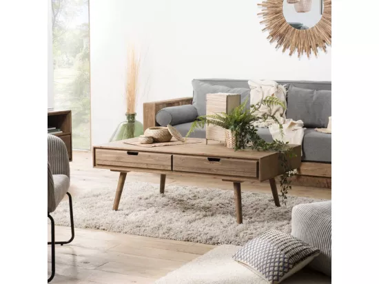 ANDREW - Table basse marron scandi rectangulaire 4 tiroirs bois Sapin