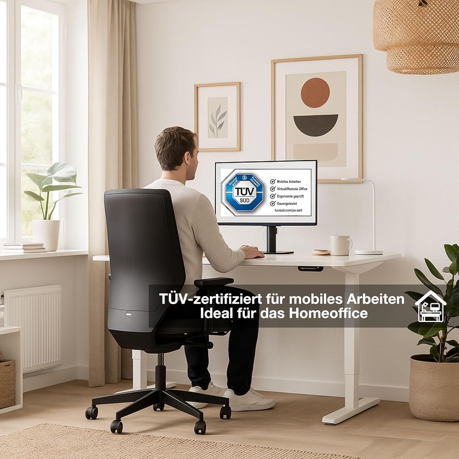 ASSMANN Elektrisch höhenverstellbarer Schreibtisch Y-Line 180x80cm Eiche Tabak Schwarz, TÜV-Zertifiziert, Memoryfunktion, Kollisionsschutz, 5 Jahre Herstellergarantie einfache Montage für Büro und