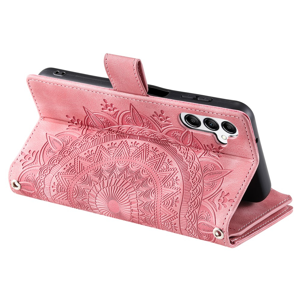 Samsung Galaxy S25 FE Leder Tasche Flip Cover mit Reissverschluss - Mandala Flowers Imprint - Roségold