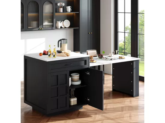 Table de bar extensible 133-202cm avec rangement 2 tiroirs 4 compartiments îlot cuisine repas 2-6 personnes noir