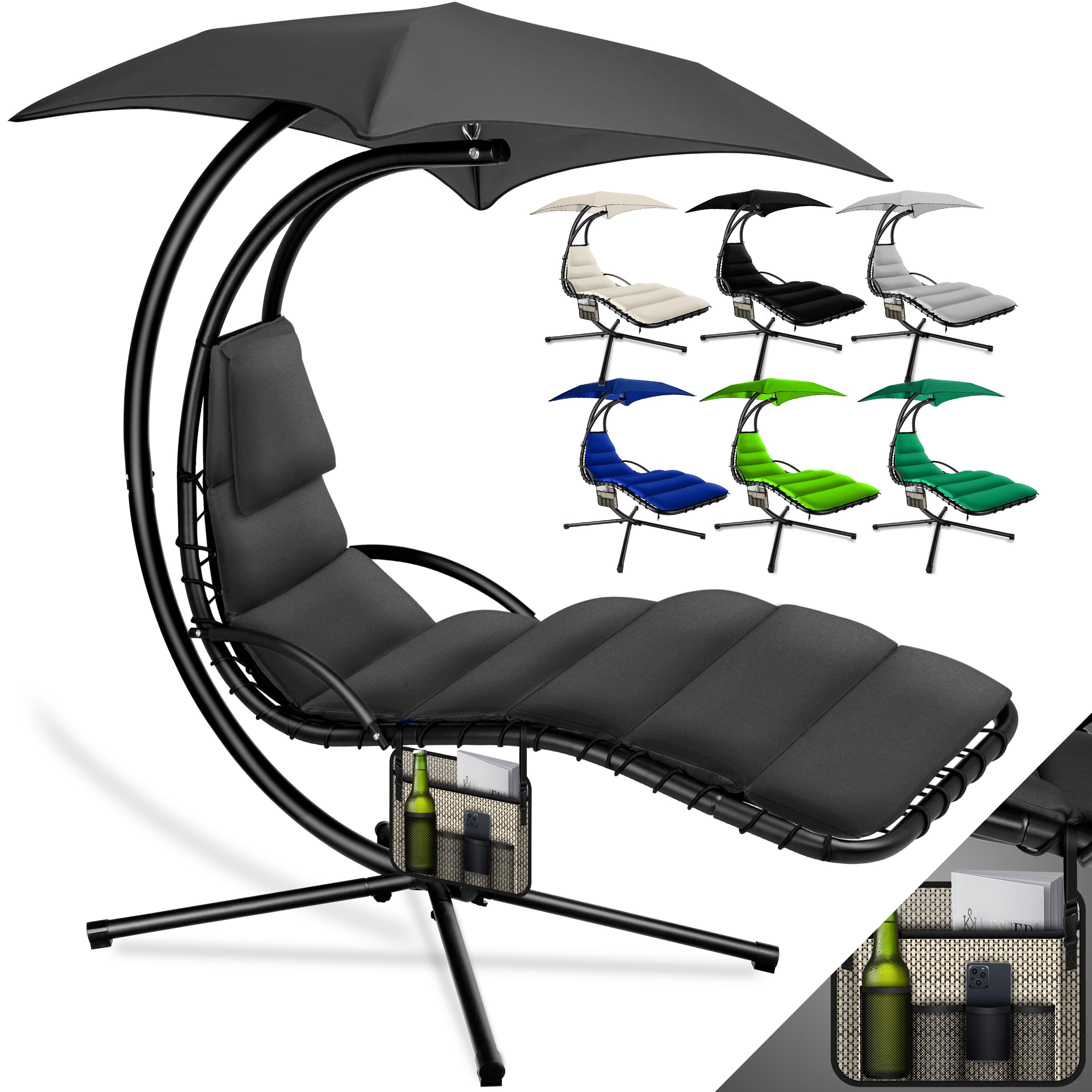 KESSER® Schwebeliege mit Sonnenschirm, Hängeliege , Sonnenliege H200, L194, B100 cm, Relaxliege, Schaukelliege Hängematte , bis 120 kg belastbar , Schaukelliege, Auflagen - Nackenkissen