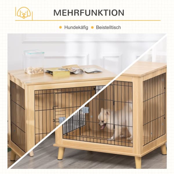 Hundebur Transportkasse I Tre Med Bordplate, Forhøyet Design, Naturlig, 81X58,5X76 Cm