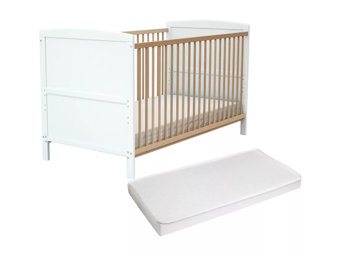 Lit bébé évolutif en bois avec matelas en bois ESSENTIEL Blanc et Hêtre Verni