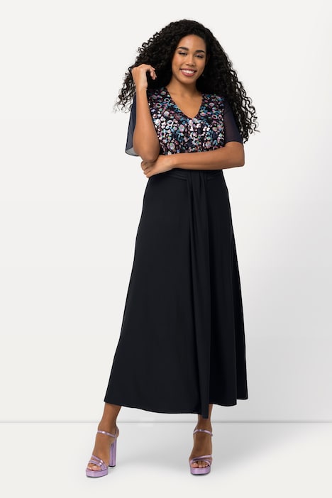 Abendkleid, Pailletten, drapiert, V-Ausschnitt, Halbarm