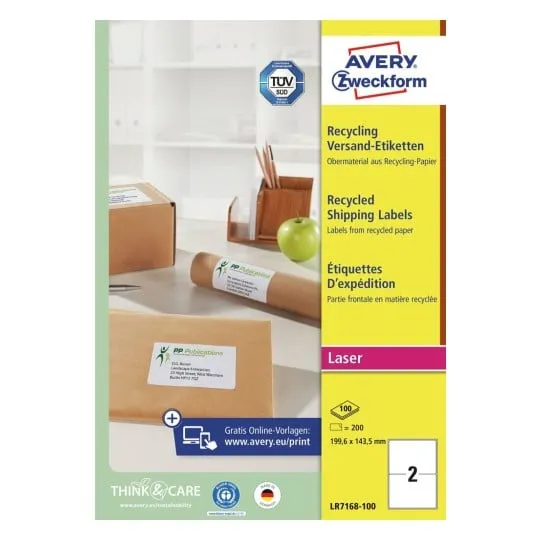 Etiketter Avery 199,6x143,5 mm (A5) hvid genbrugspapir - (100 ark x 2 stk.)