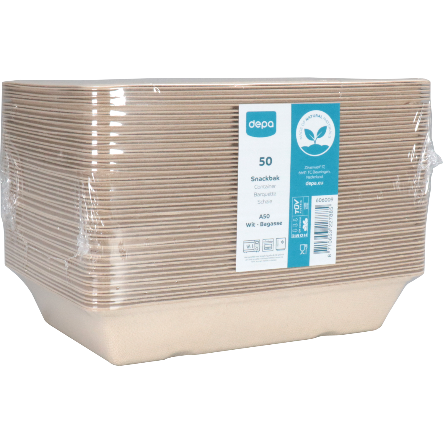 Depa Bak, Bagasse (suikerrietpulp), A50, snackbak, 202x140x36mm, naturel