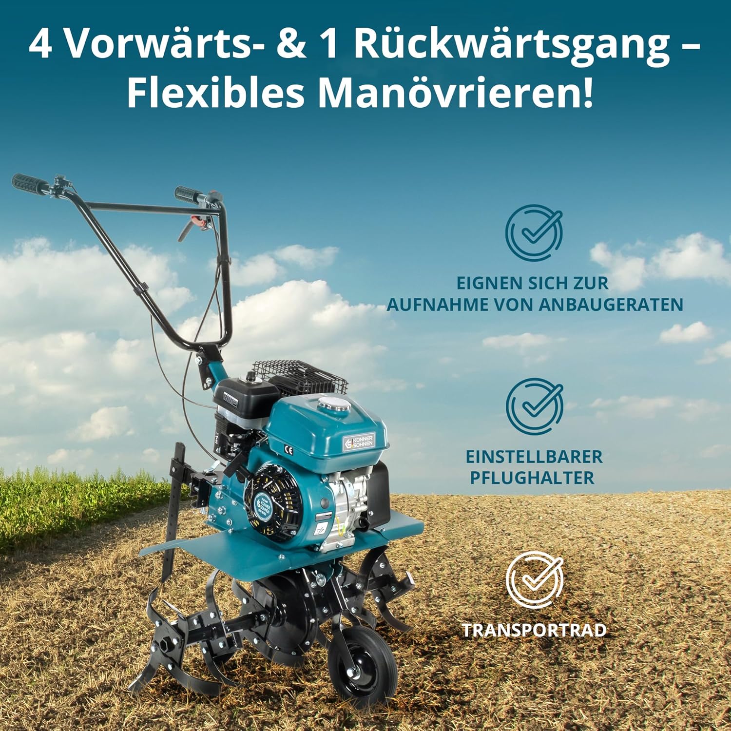 Könner & Söhnen KS 7HP-850A Benzinkultivator mit Riemenantrieb, fräse Garten mit geschmiedete Säbelfräsen, einstellbare Pflugschar, Motorleistung 7 PS in diesem Motorhacken