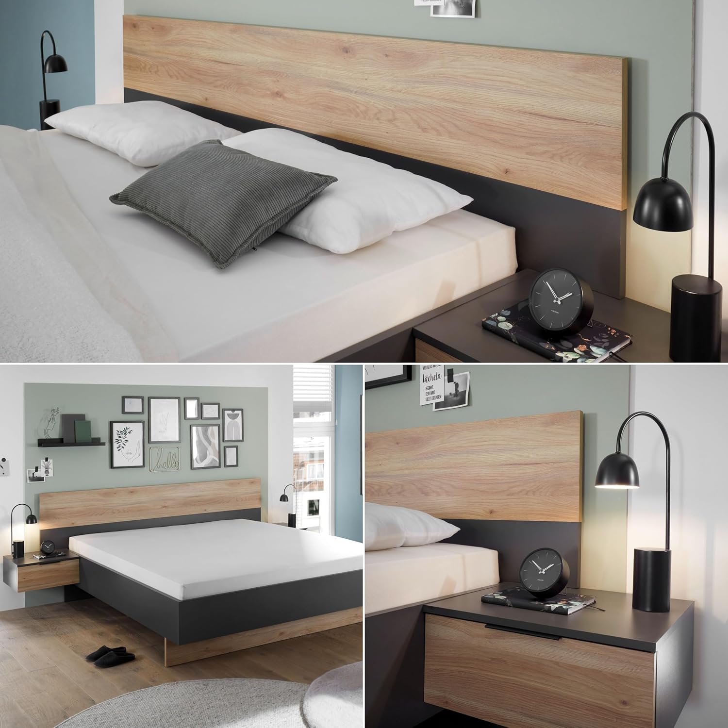 Stella Trading ASKA Stilvolle Doppelbett Bettanlage mit Nachtkommoden 180 x 200 cm - Schlafzimmer Komplett-Set in Graphit, Mauvella Eiche Optik - 285 x 95 x 205 cm (B/H/T)