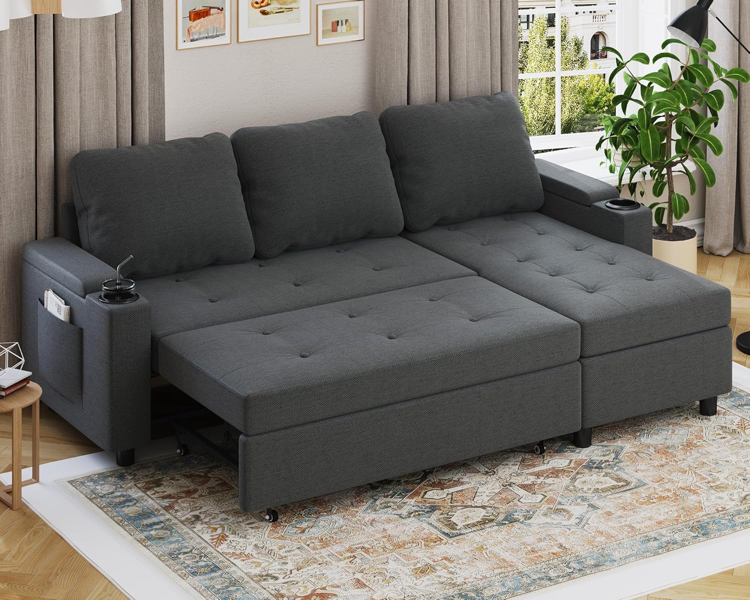 Devoko Ecksofa mit Schlaffunktion und Bettkasten L-Form Sofa 3-Sitzer Ausziehbares Schlafsofa Leinen Couch Kleines Schlafcouch für Wohnung und Wohnzimmer, Dunkelgrau
