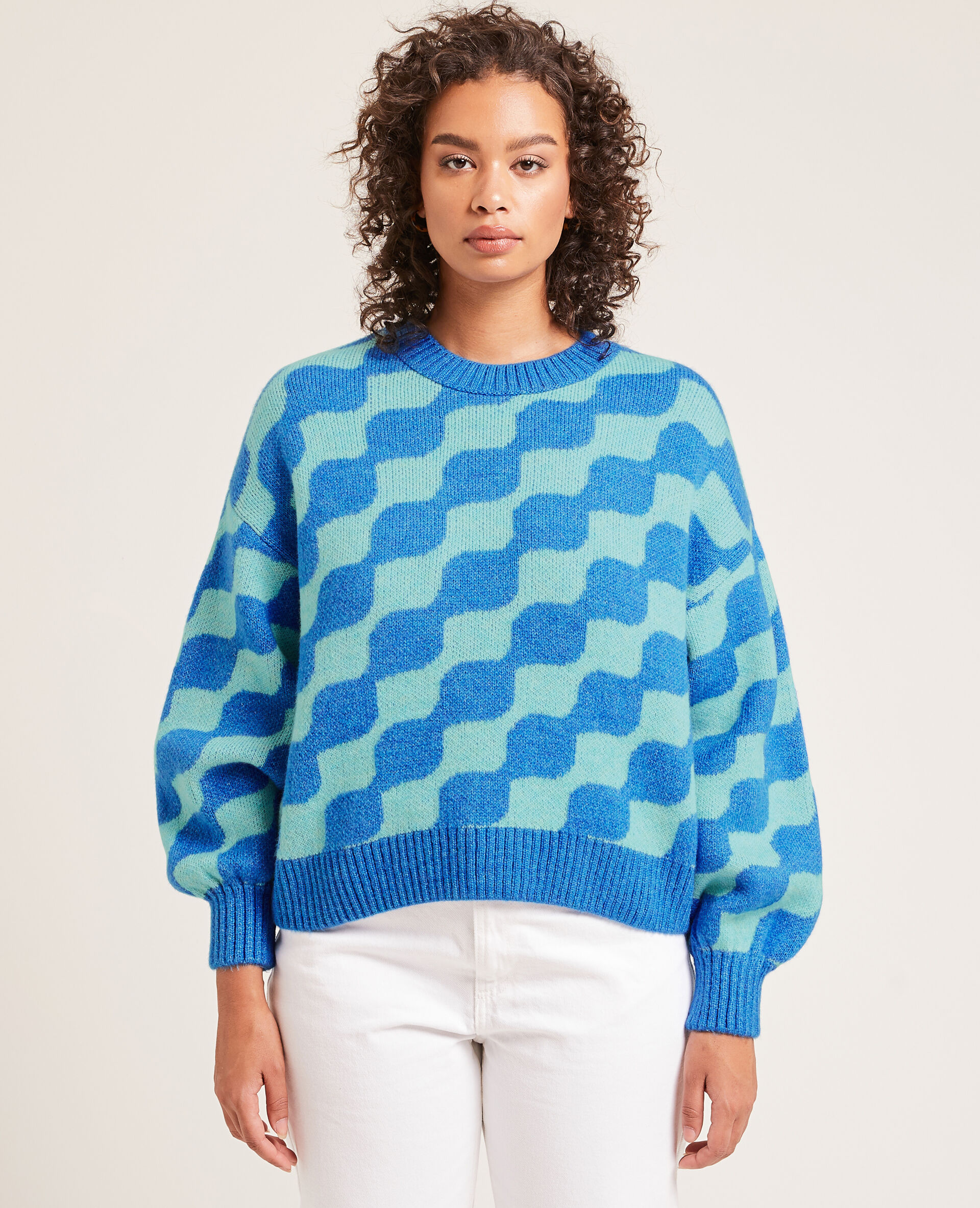 Pull col rond manches ballons - Bleu électrique