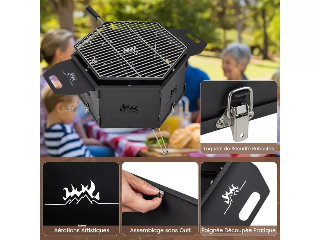 Barbecue de Charbon de Bois Portable avec Grille Rotative à 360°, Barbecue Portable avec Poignées Corps et Pieds Pliables, pour Pique-Nique, CamBoisg, Randonnée