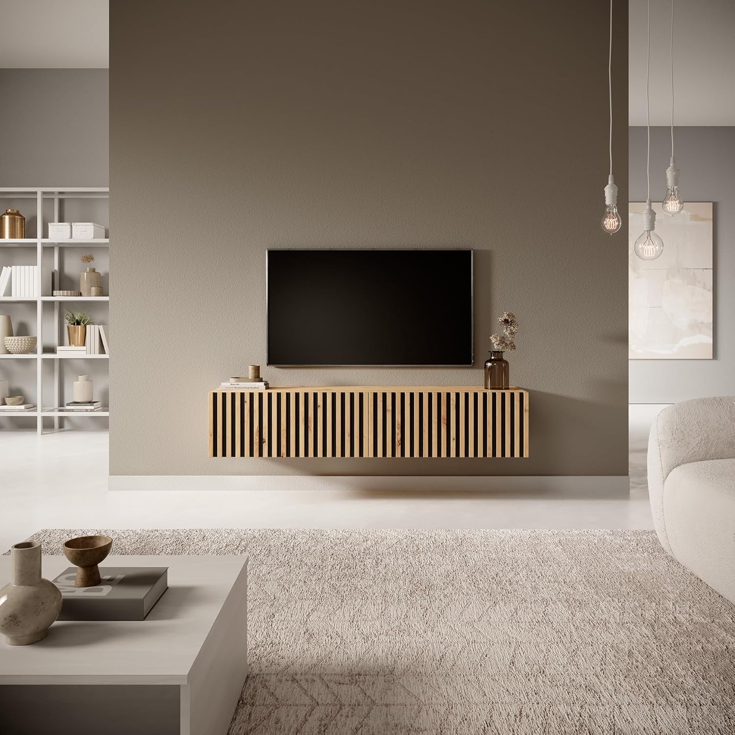 Selsey TV Schrank Board Sideboard Fernsehtisch Fernsehschrank 138,6 cm Hängend Artisan Eiche Schwarz Mit Lamellierter Front Telire