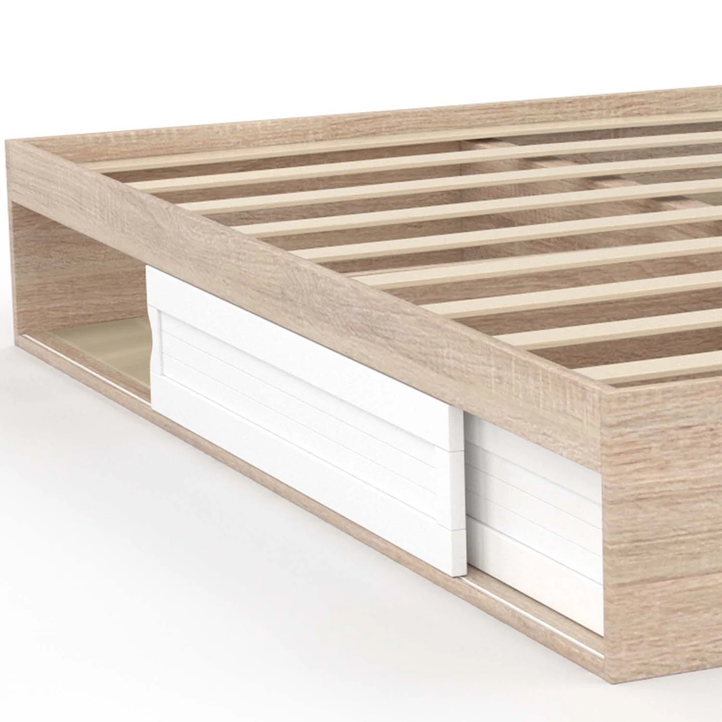 Cadre de lit double SALEM avec rangements et sommier 140 x 190 cm façon hêtre et blanc