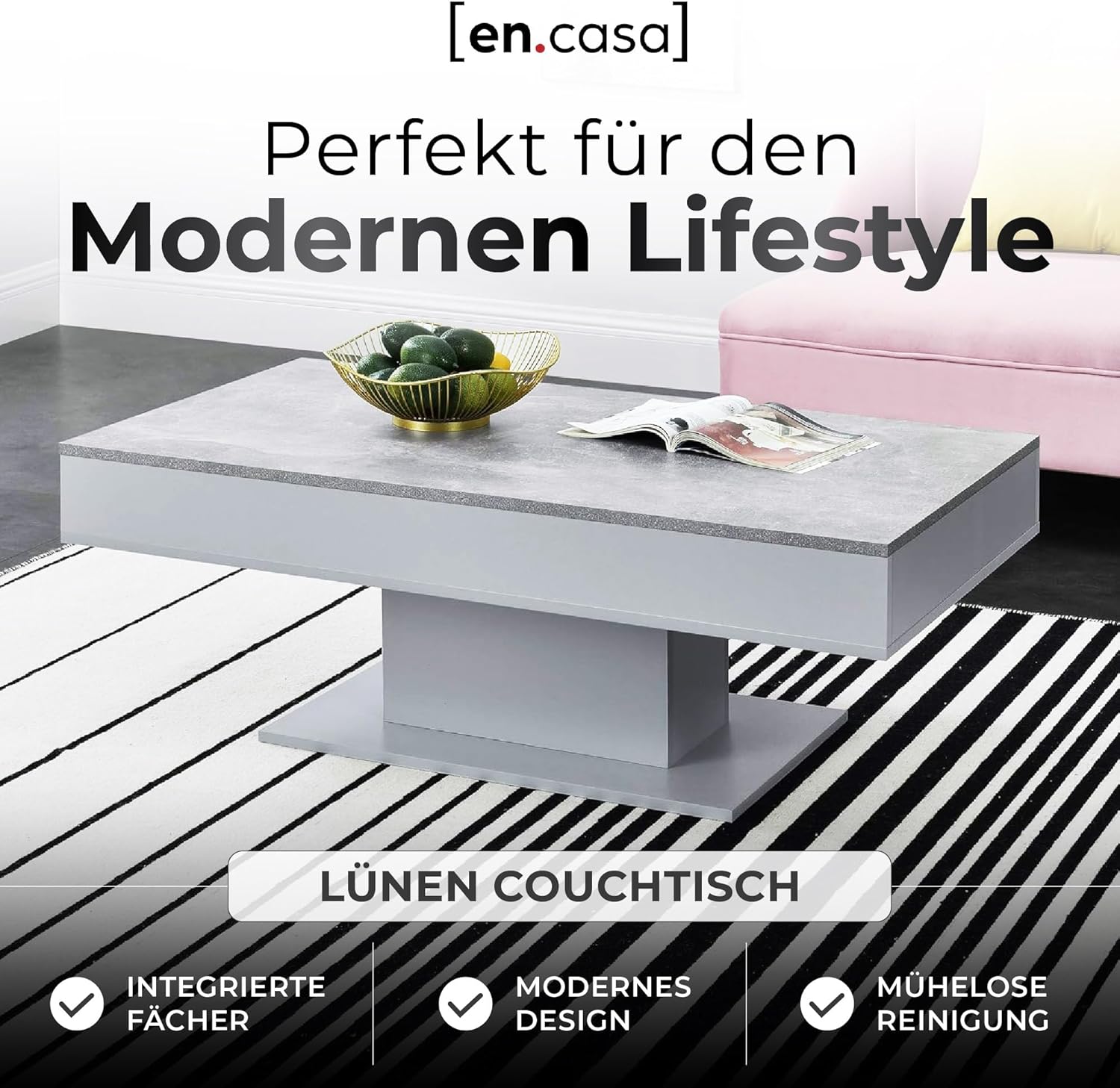 [en.casa] Couchtisch Lünen Wohnzimmertisch mit Stauraum Truhentisch Sofatisch mit ausziehbarer Tischplatte rechteckig 2 Staufächer 40 x 110 x 60 cm Betonoptik/Grau