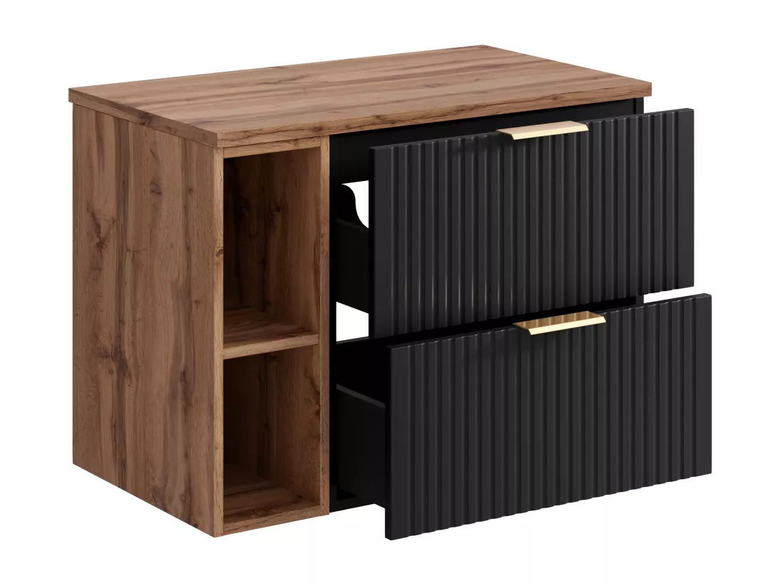 Meuble sous vasque suspendu strié avec niches - Noir et naturel clair - L80 cm - ZEVARA